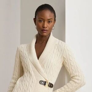NWT XL Lauren Ralph Lauren Cream Cable Knit Shawl Collar Sweater Dress
